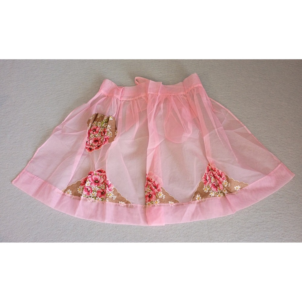 Vintage Handmade Half Apron Sheer Pink Floral Shabby‎ Chic Cottagecore Cute